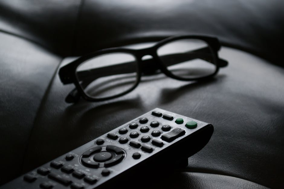 안경과 TV 리모컨이 놓인 소파