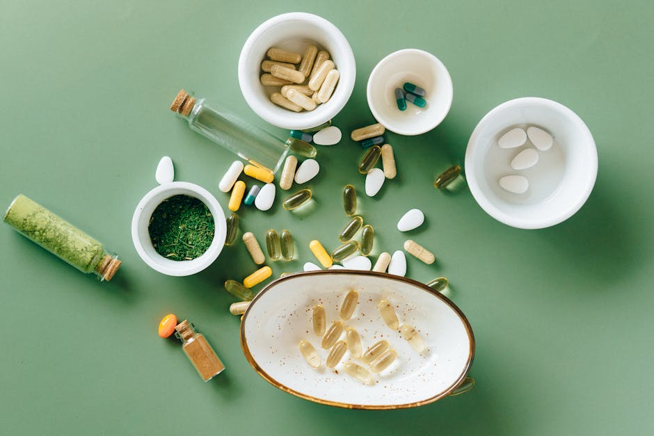 Top view of various herbal and pharmaceutical supp