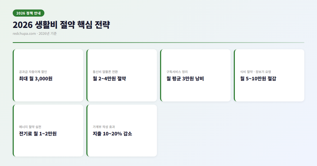 2026 생활비 절약 핵심 전략 인포그래픽
