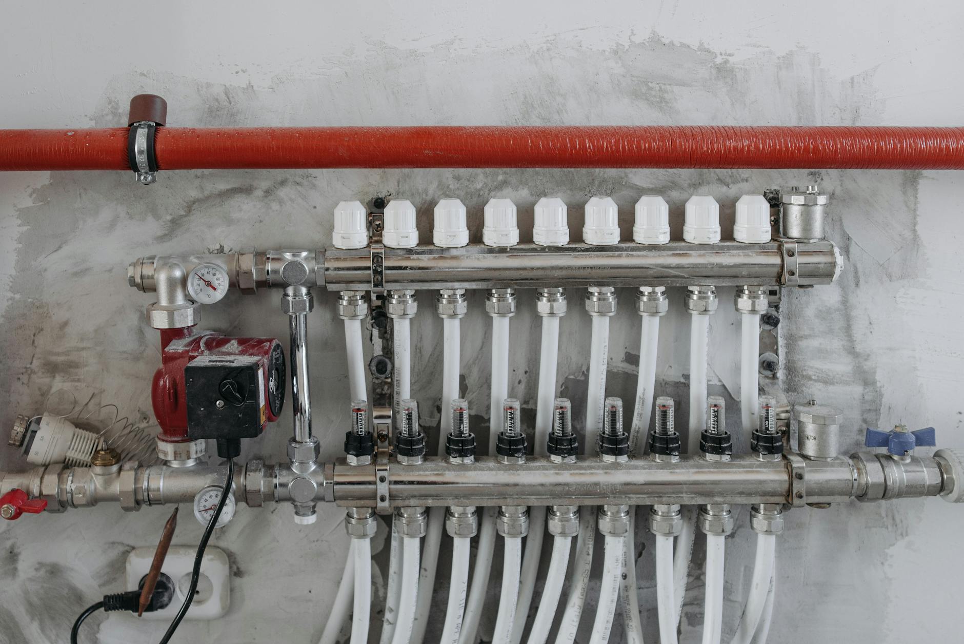 A close up view of an industrial manifold with pre