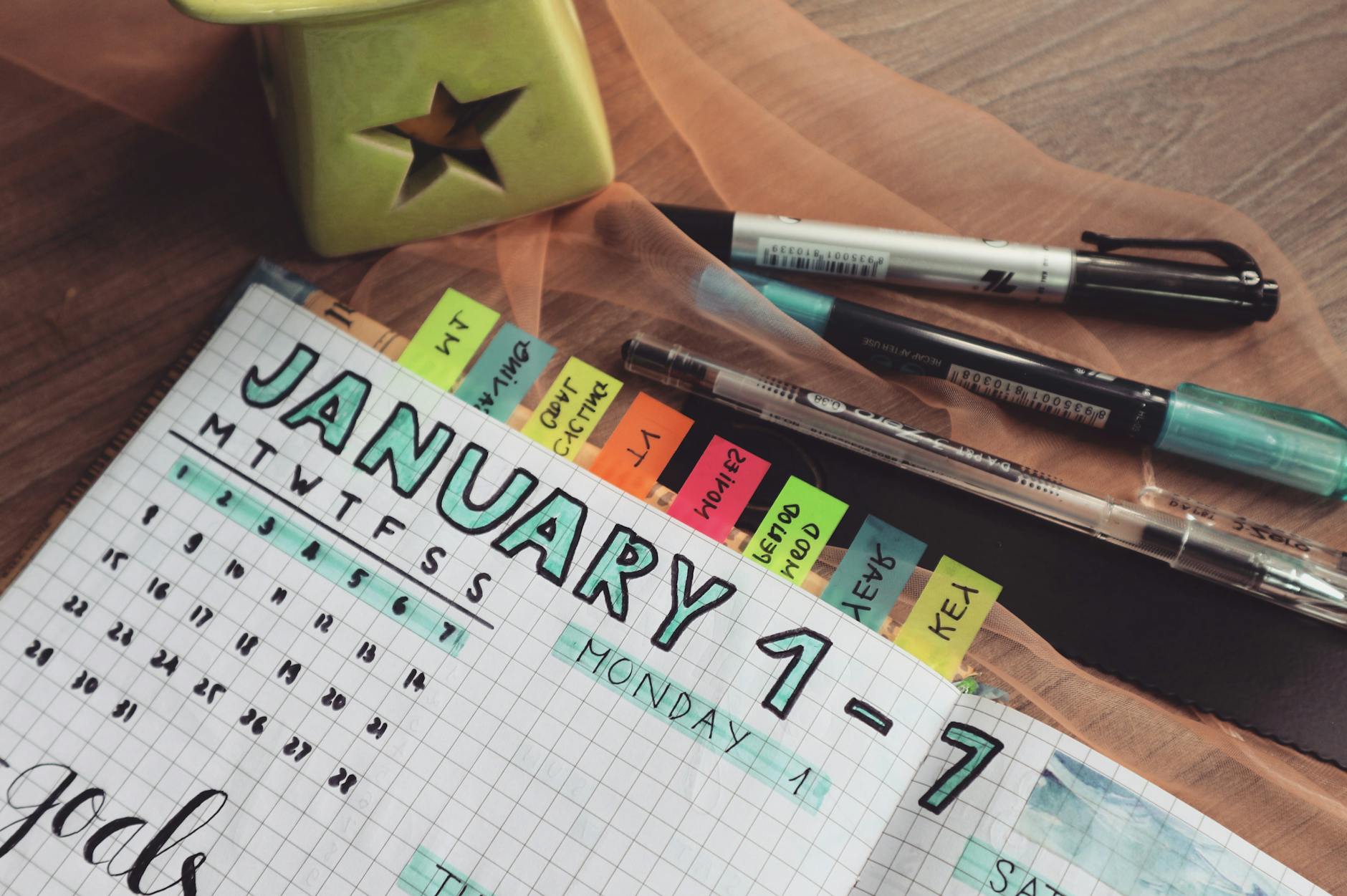 A detailed planner with goals and colorful tabs on