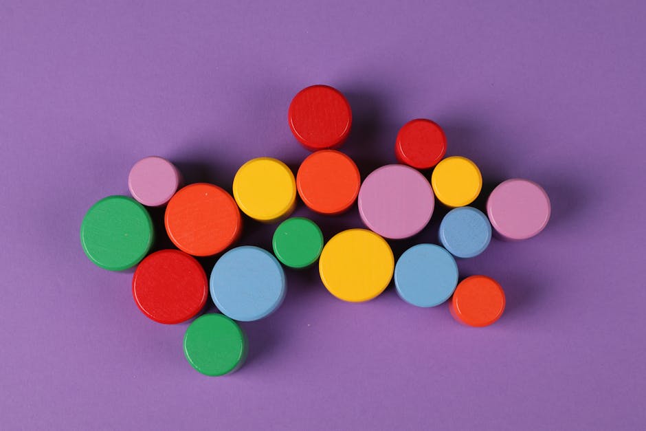 Top view of colorful wooden circles arranged on a