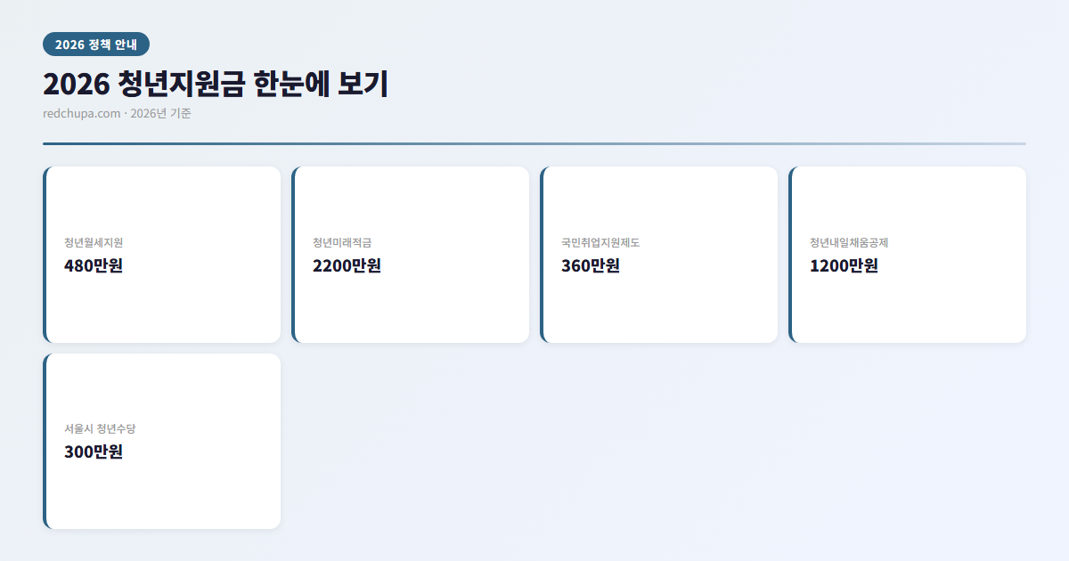2026 청년지원금 총정리 | 청년월세 480만원 청년미래적금 국민취업제도까지 4 2026 청년지원금 종류와 금액 한눈에 보기 인포그래픽